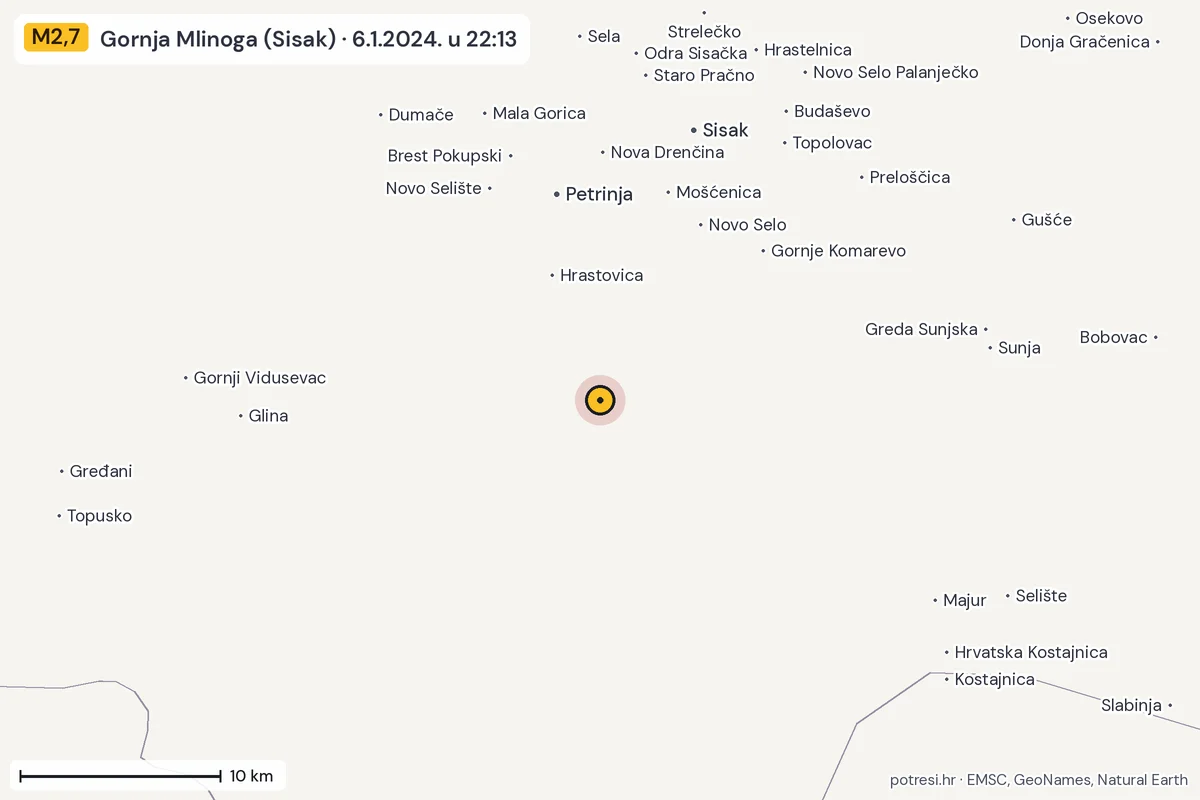 Karta: okolica epicentra, 60 km, potres M2,7, Gornja Mlinoga (Sisak), 6.1.2024.