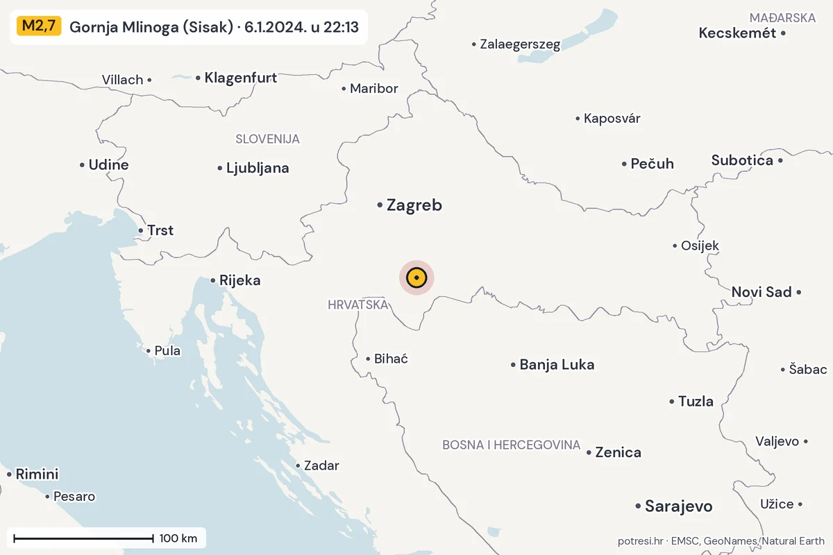 Karta: šire područje, 600 km, potres M2,7, Gornja Mlinoga (Sisak), 6.1.2024.