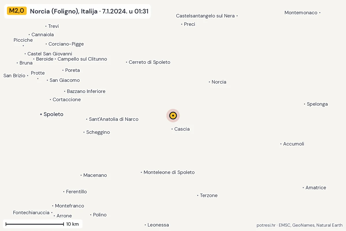 Karta: okolica epicentra, 60 km, potres M2,0, Norcia (Foligno), Italija, 7.1.2024.