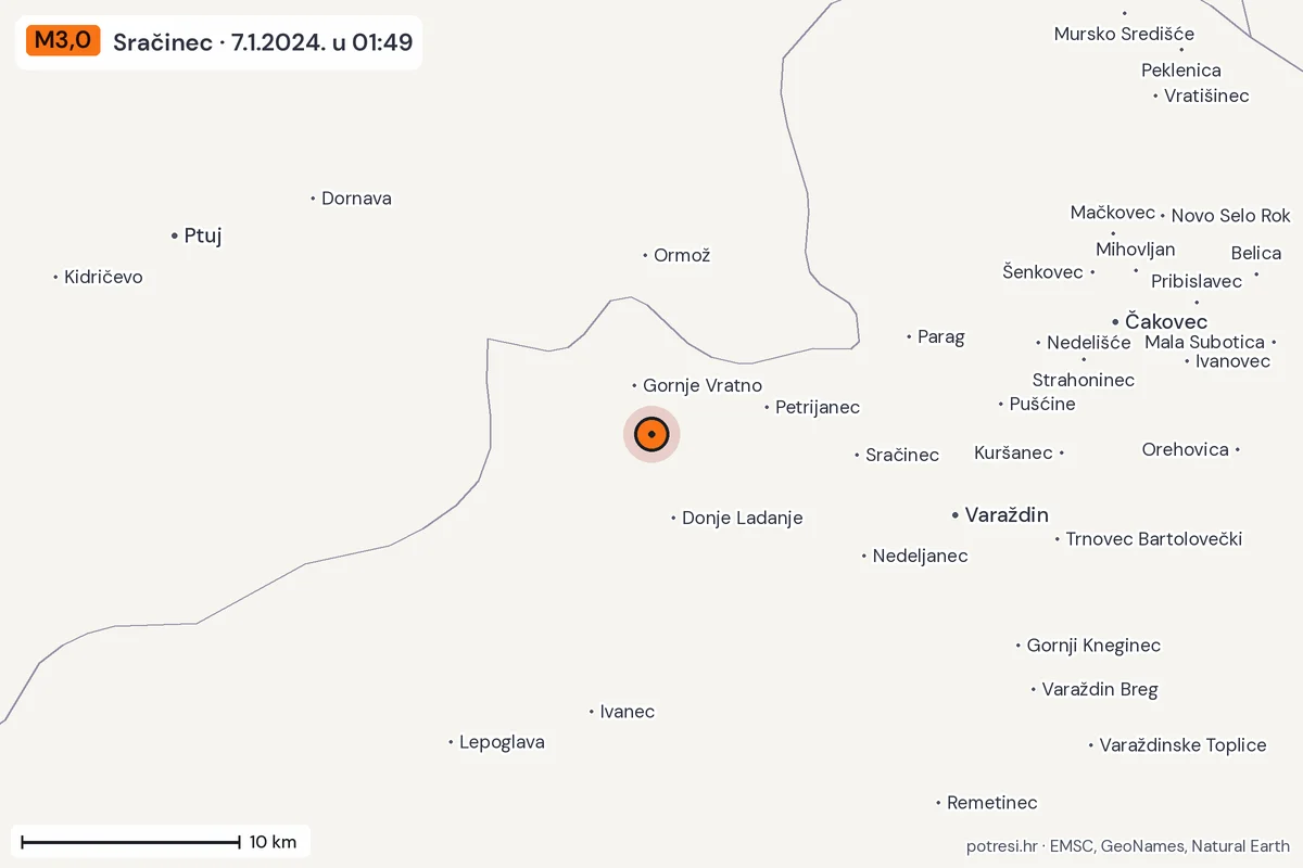 Karta: okolica epicentra, 60 km, potres M3,0, Sračinec, 7.1.2024.