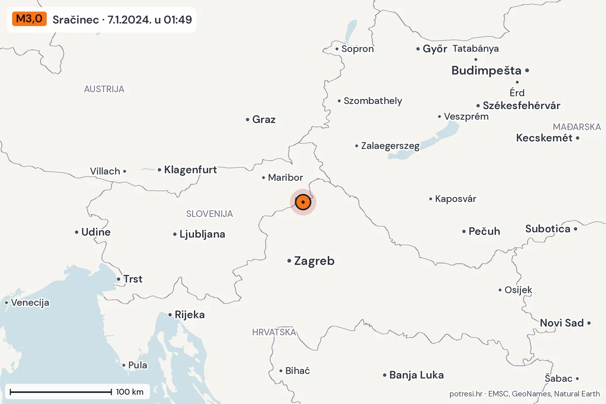 Karta: šire područje, 600 km, potres M3,0, Sračinec, 7.1.2024.