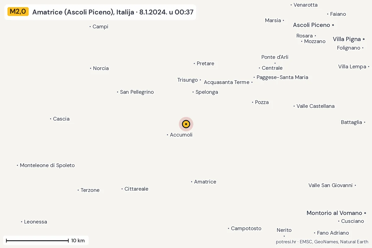 Karta: okolica epicentra, 60 km, potres M2,0, Amatrice (Ascoli Piceno), Italija, 8.1.2024.