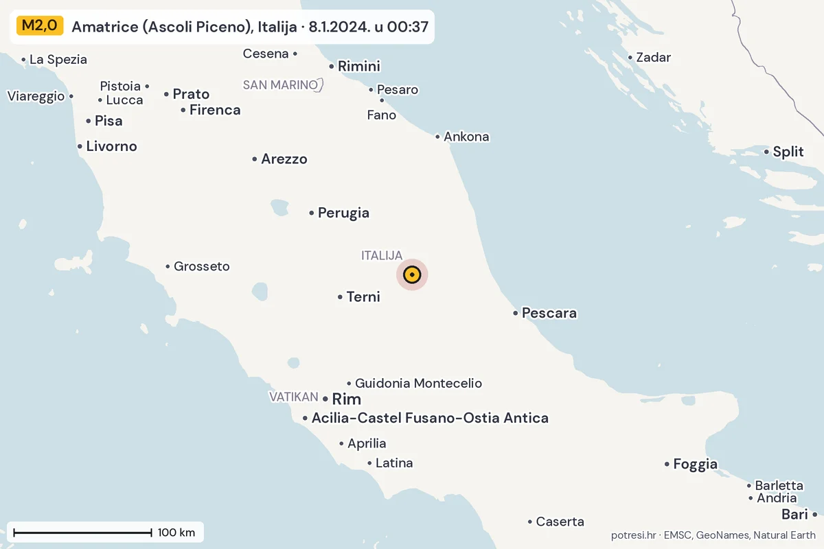 Karta: šire područje, 600 km, potres M2,0, Amatrice (Ascoli Piceno), Italija, 8.1.2024.