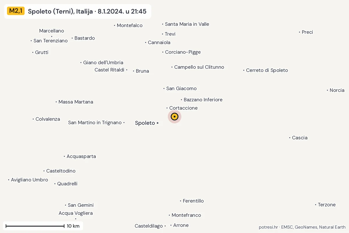 Karta: okolica epicentra, 60 km, potres M2,1, Spoleto (Terni), Italija, 8.1.2024.