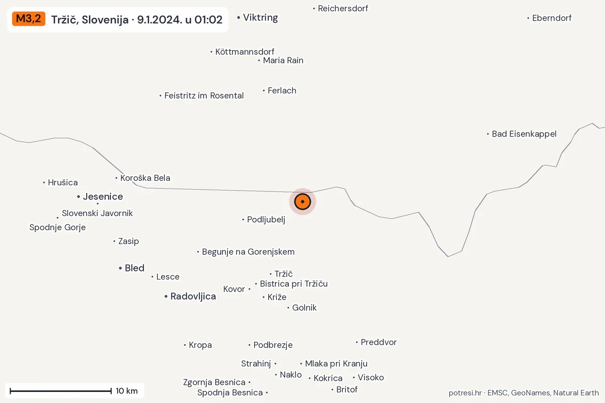 Karta: okolica epicentra, 60 km, potres M3,2, Tržič, Slovenija, 9.1.2024.