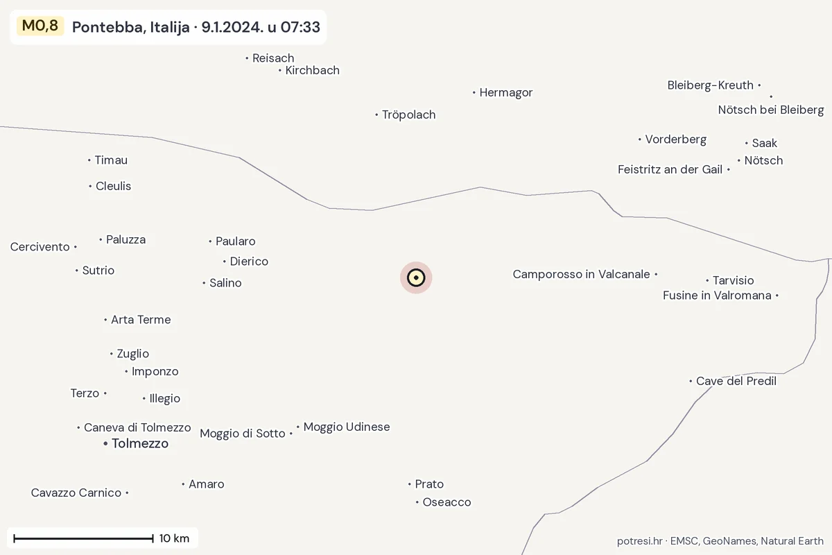 Karta: okolica epicentra, 60 km, potres M0,8, Pontebba, Italija, 9.1.2024.