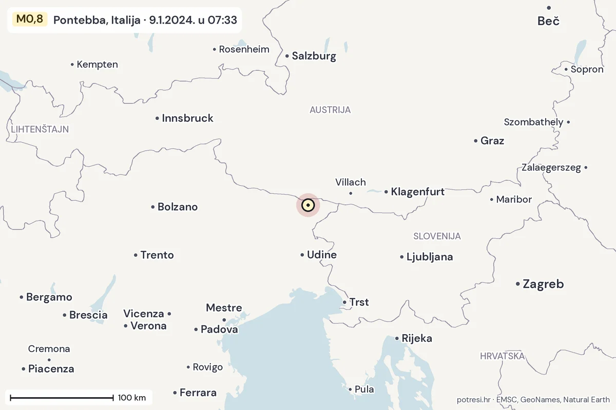 Karta: šire područje, 600 km, potres M0,8, Pontebba, Italija, 9.1.2024.