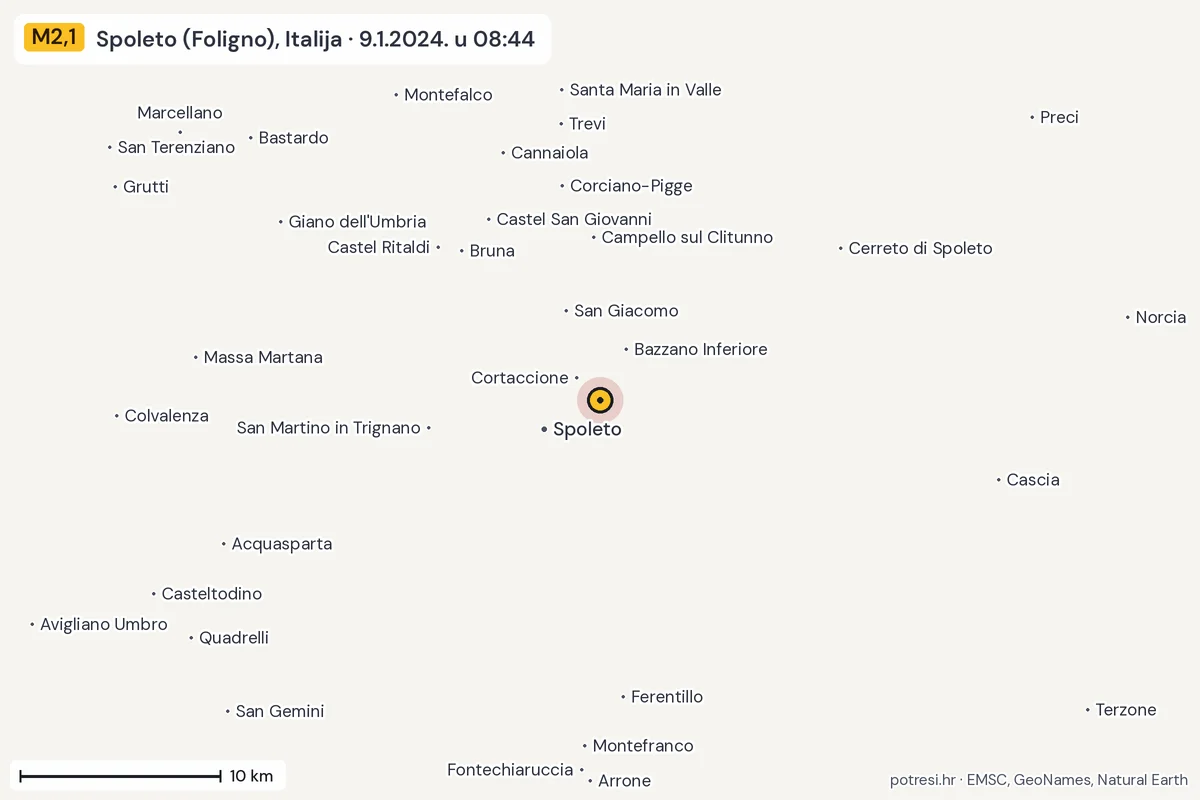 Karta: okolica epicentra, 60 km, potres M2,1, Spoleto (Foligno), Italija, 9.1.2024.