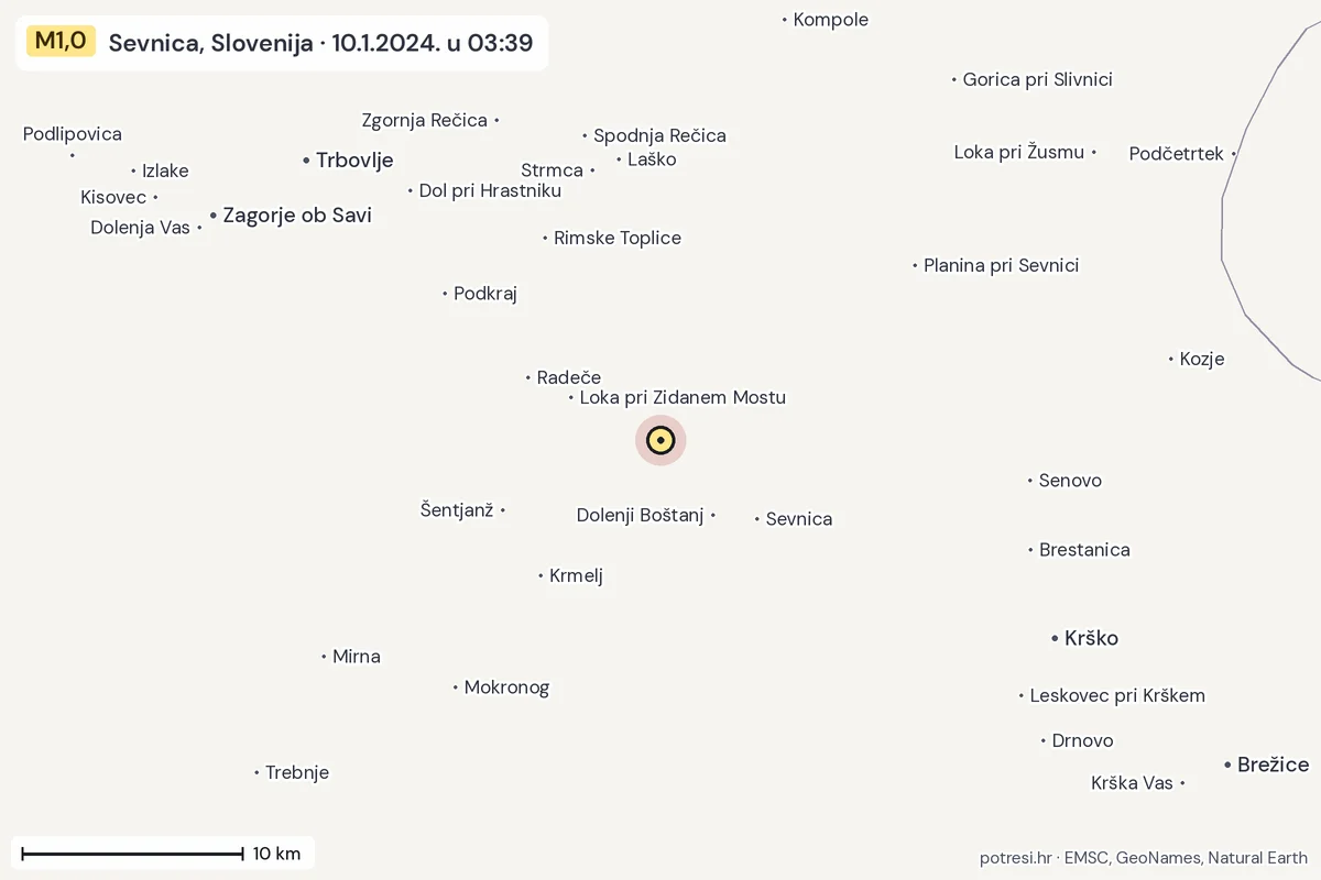 Karta: okolica epicentra, 60 km, potres M1,0, Sevnica, Slovenija, 10.1.2024.