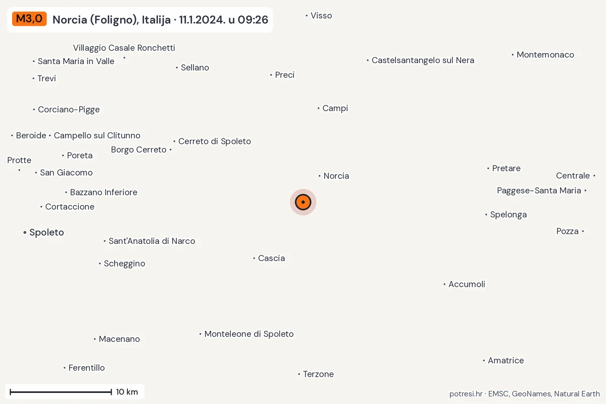 Karta: okolica epicentra, 60 km, potres M3,0, Norcia (Foligno), Italija, 11.1.2024.