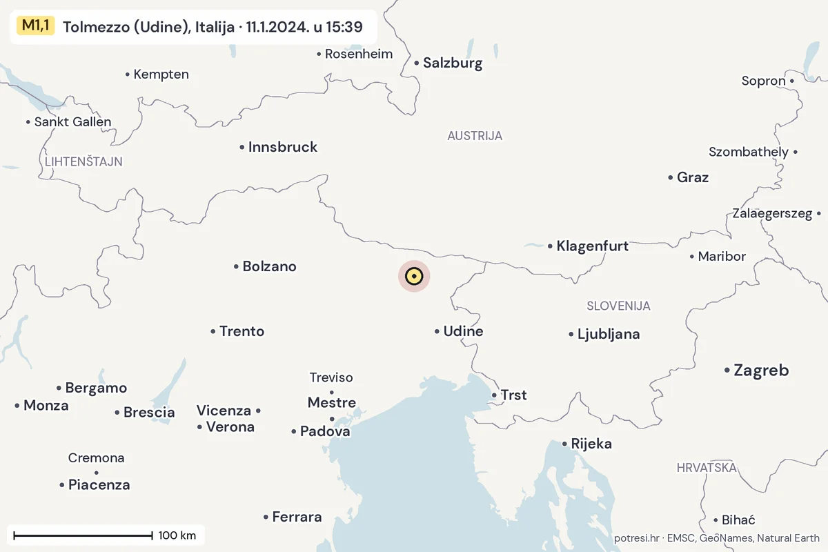 Karta: šire područje, 600 km, potres M1,1, Tolmezzo (Udine), Italija, 11.1.2024.