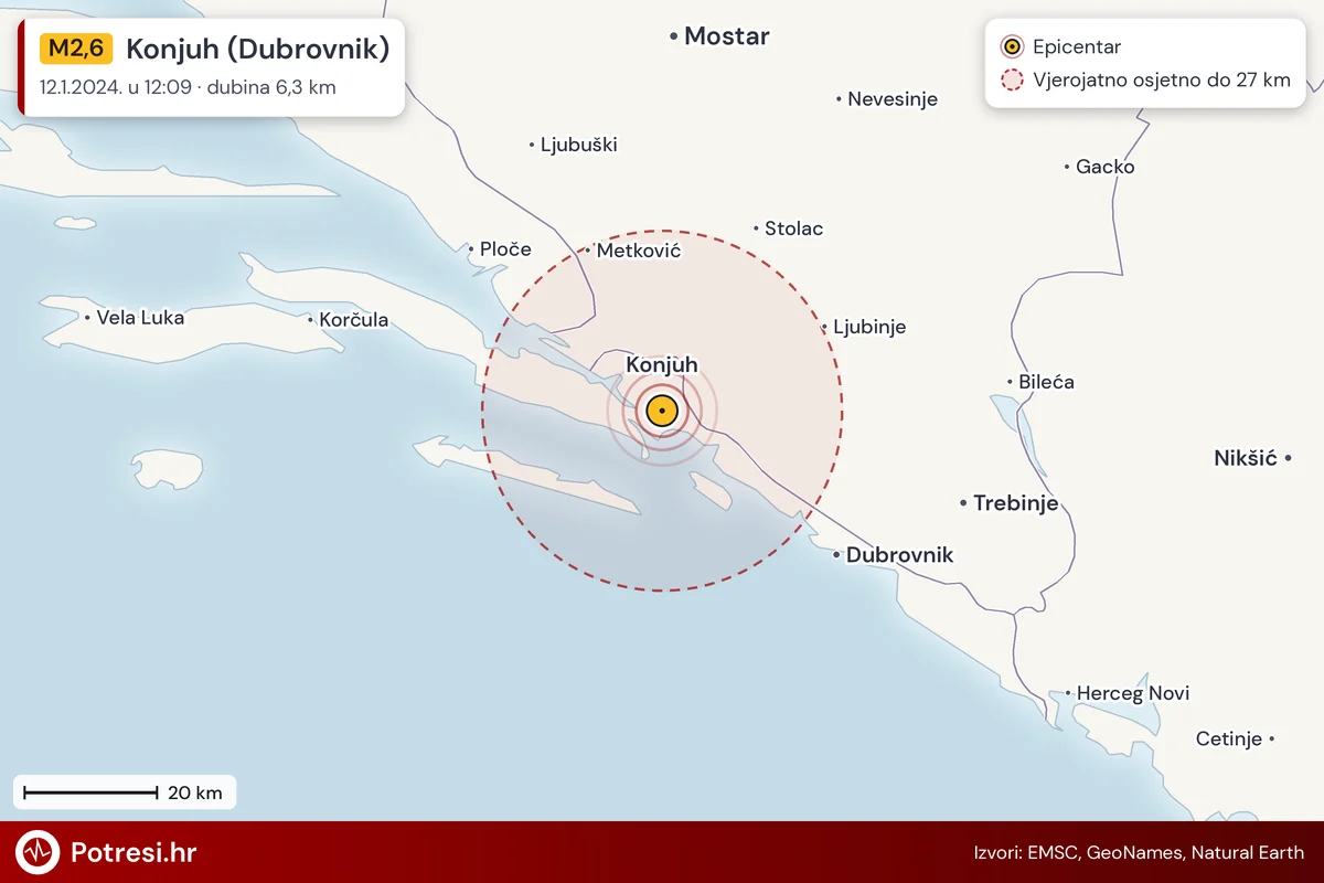 Karta: šire područje i vjerojatni doseg osjeta, potres M2,6, Konjuh (Dubrovnik), 12.1.2024.