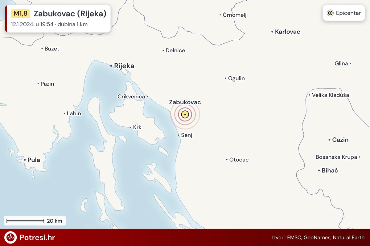 Karta: šire područje i vjerojatni doseg osjeta, potres M1,8, Zabukovac (Rijeka), 12.1.2024.
