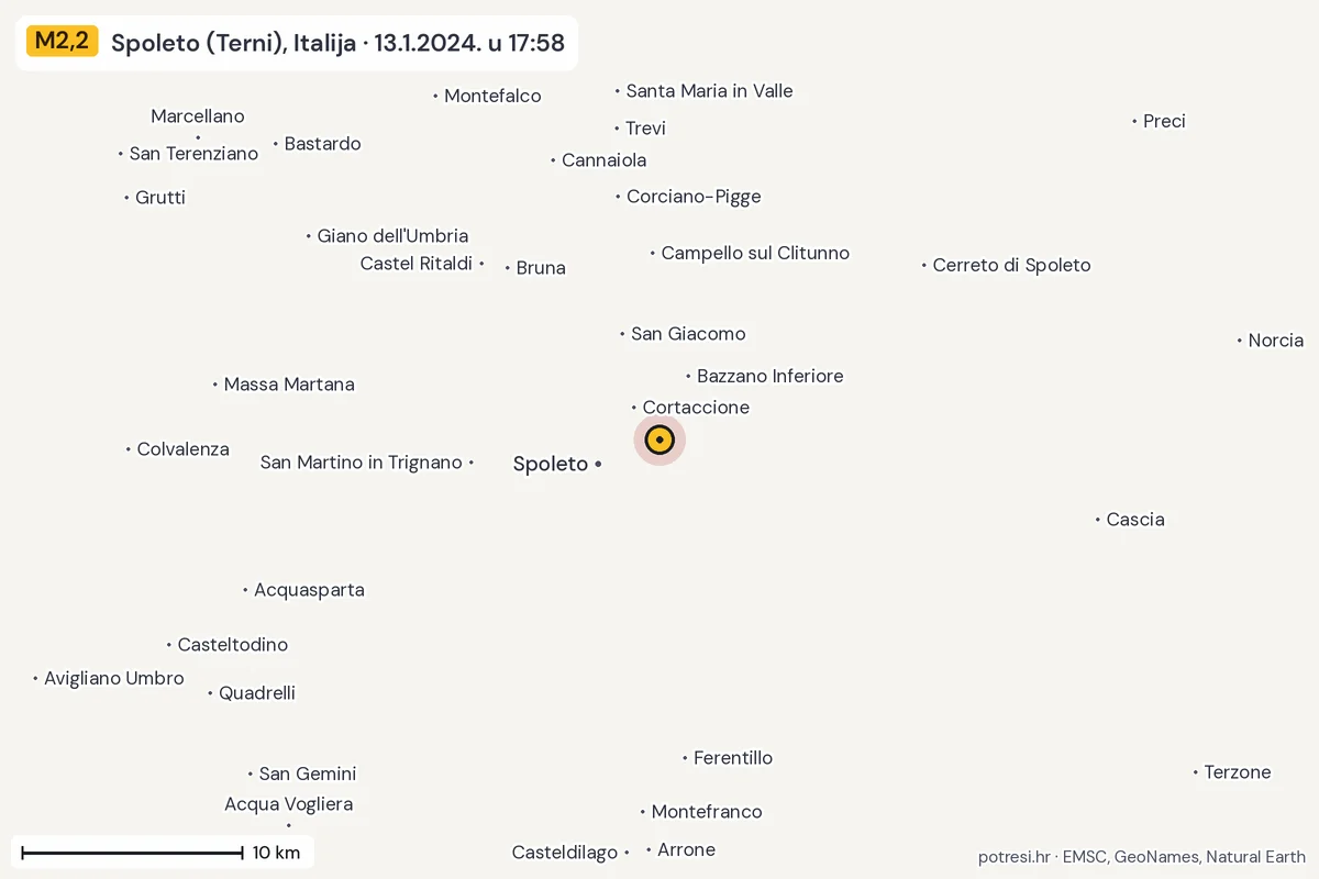 Karta: okolica epicentra, 60 km, potres M2,2, Spoleto (Terni), Italija, 13.1.2024.