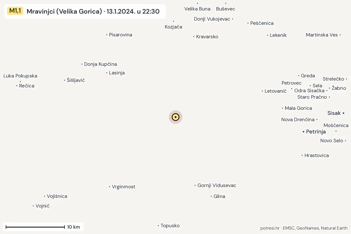 Karta: okolica epicentra, 60 km, potres M1,1, Mravinjci (Velika Gorica), 13.1.2024.
