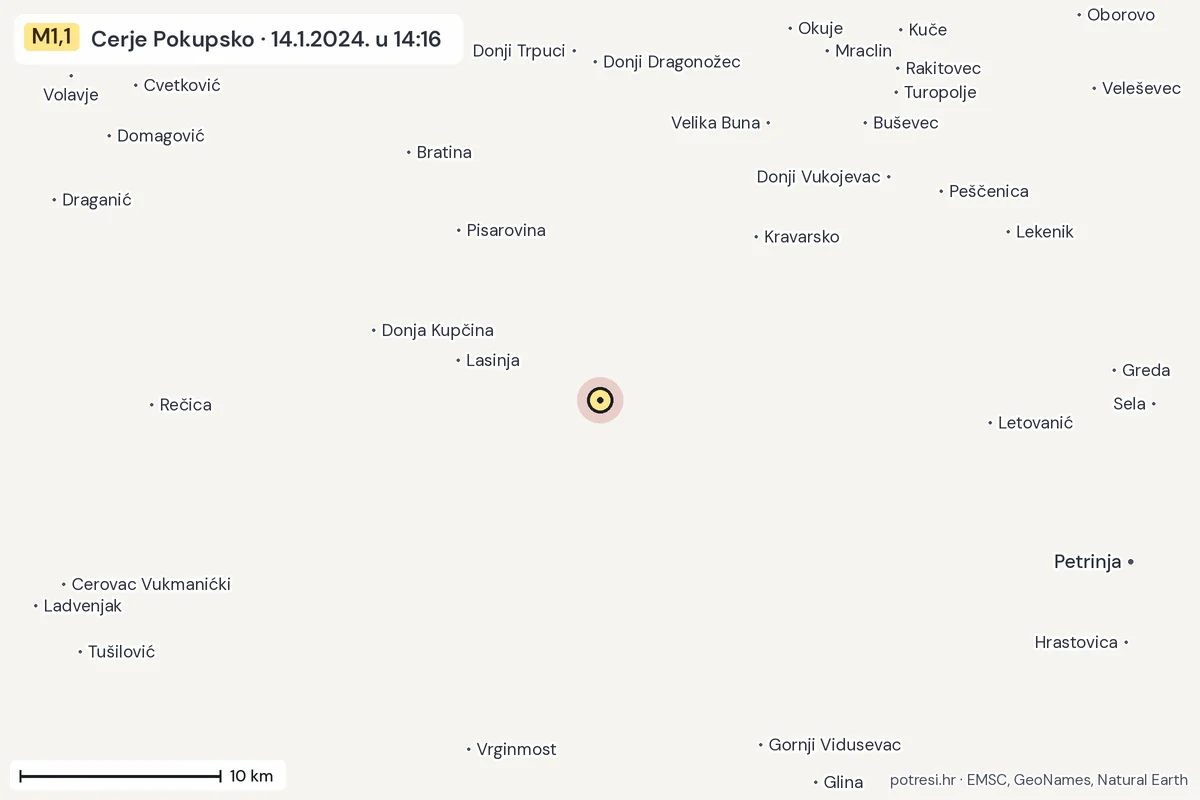 Karta: okolica epicentra, 60 km, potres M1,1, Cerje Pokupsko, 14.1.2024.