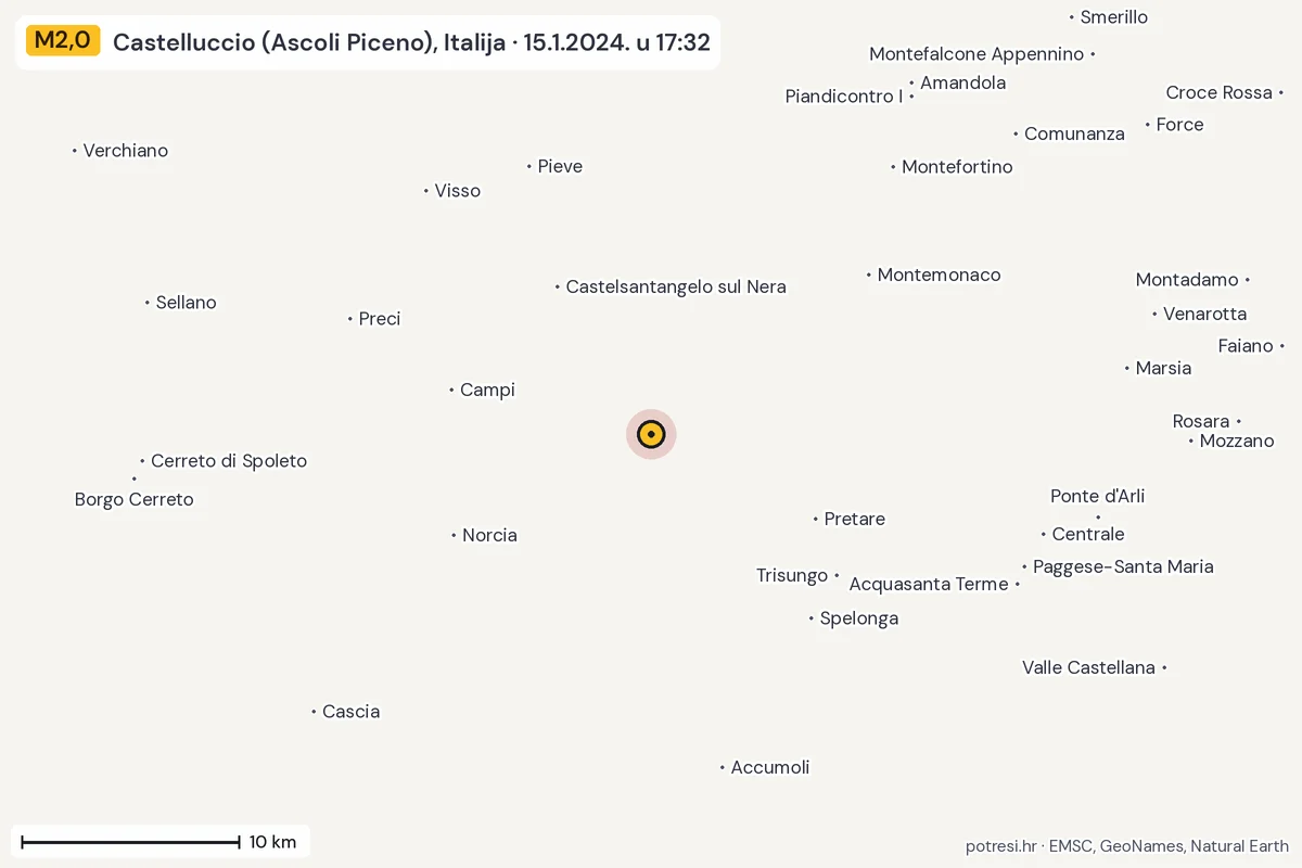 Karta: okolica epicentra, 60 km, potres M2,0, Castelluccio (Ascoli Piceno), Italija, 15.1.2024.
