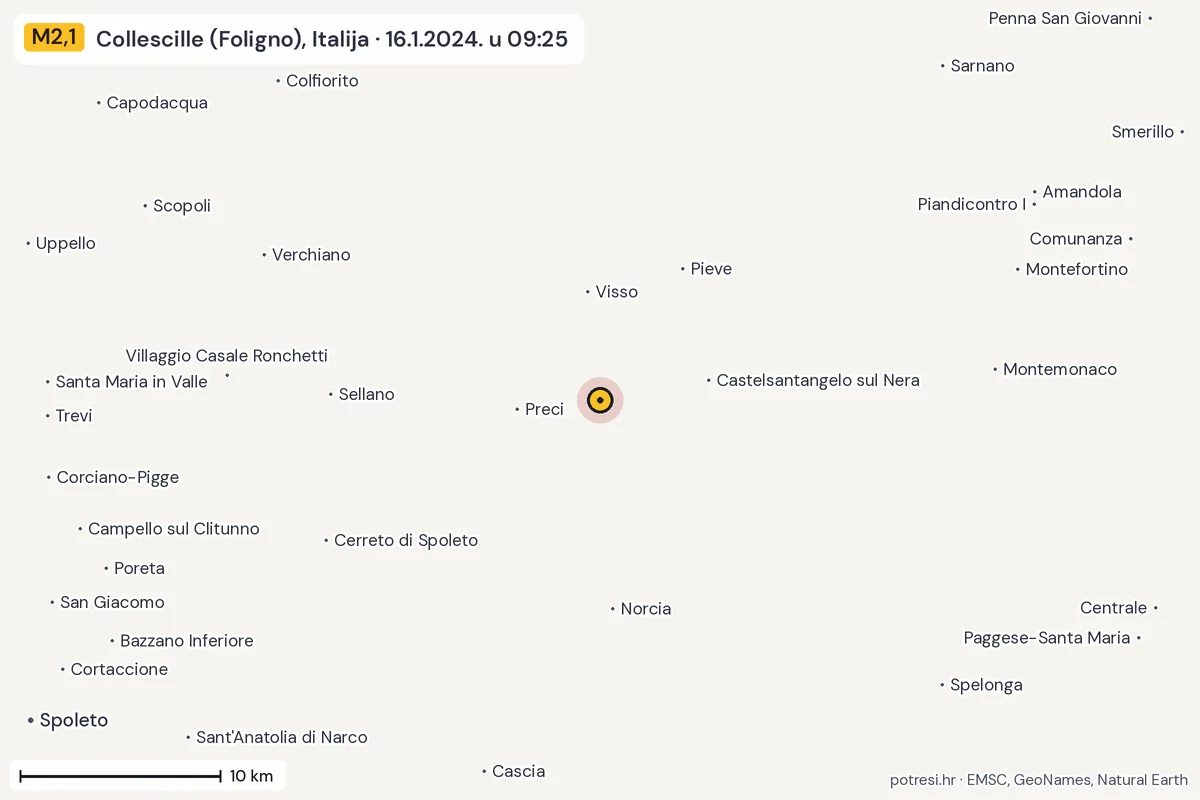 Karta: okolica epicentra, 60 km, potres M2,1, Collescille (Foligno), Italija, 16.1.2024.