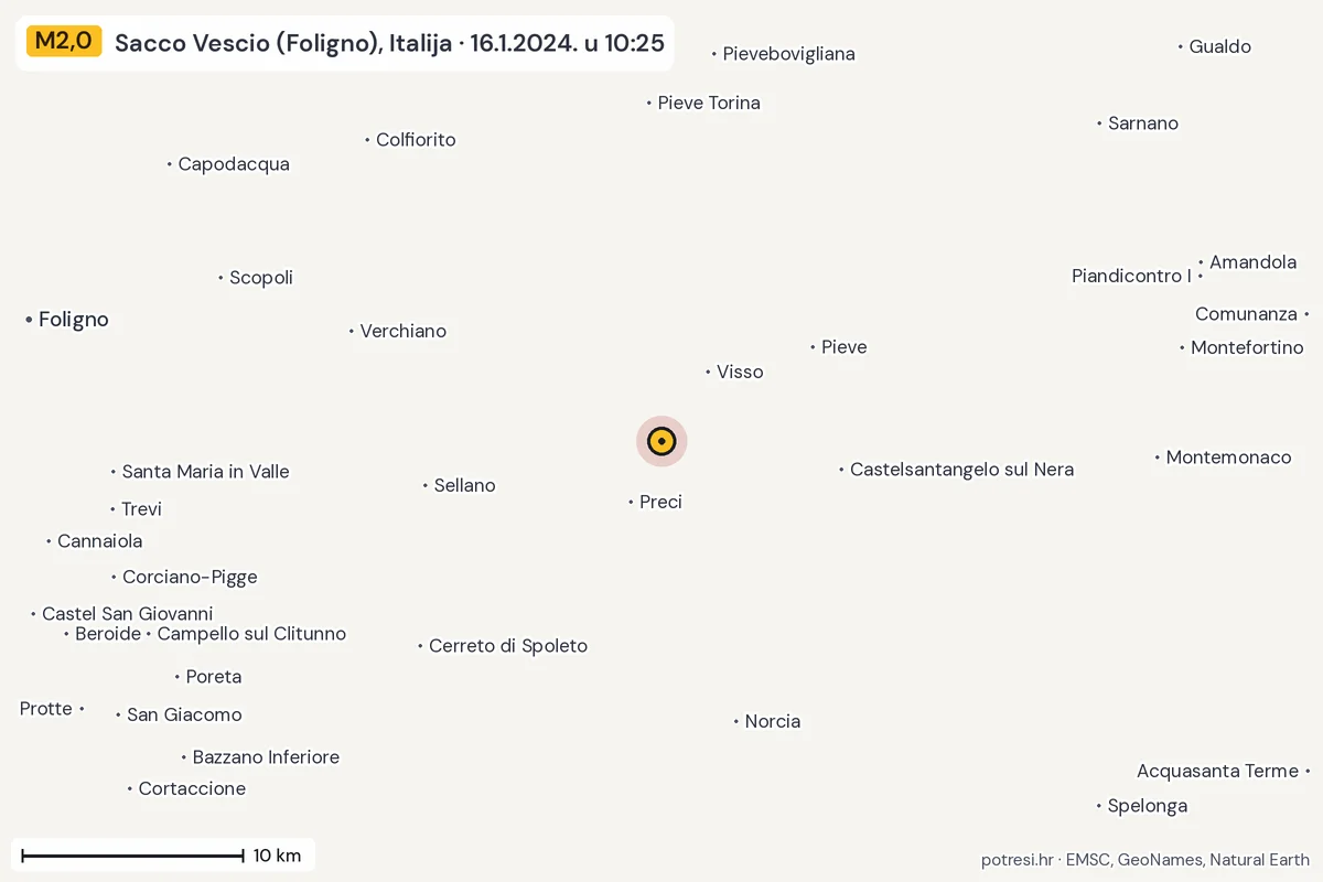 Karta: okolica epicentra, 60 km, potres M2,0, Sacco Vescio (Foligno), Italija, 16.1.2024.