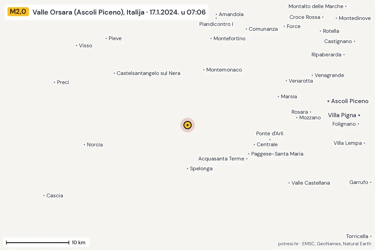 Karta: okolica epicentra, 60 km, potres M2,0, Valle Orsara (Ascoli Piceno), Italija, 17.1.2024.
