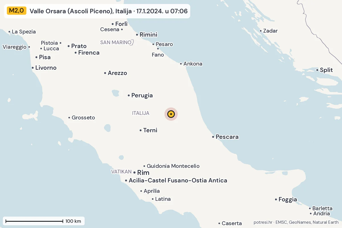 Karta: šire područje, 600 km, potres M2,0, Valle Orsara (Ascoli Piceno), Italija, 17.1.2024.