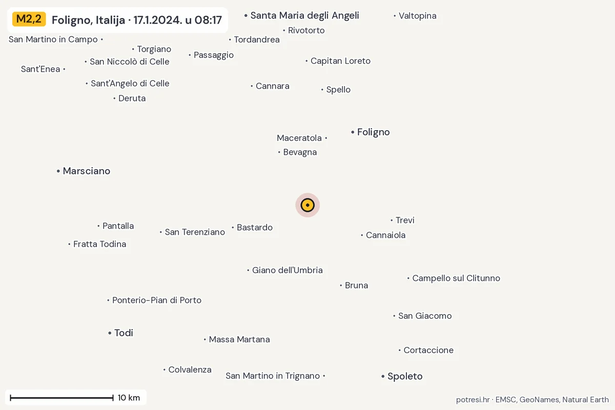 Karta: okolica epicentra, 60 km, potres M2,2, Foligno, Italija, 17.1.2024.