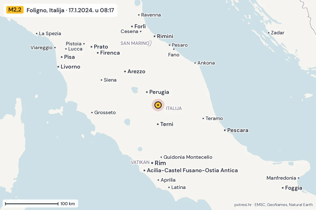Karta: šire područje, 600 km, potres M2,2, Foligno, Italija, 17.1.2024.