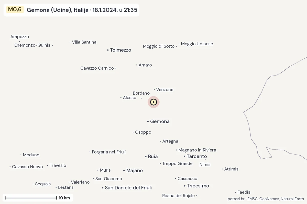 Karta: okolica epicentra, 60 km, potres M0,6, Gemona (Udine), Italija, 18.1.2024.