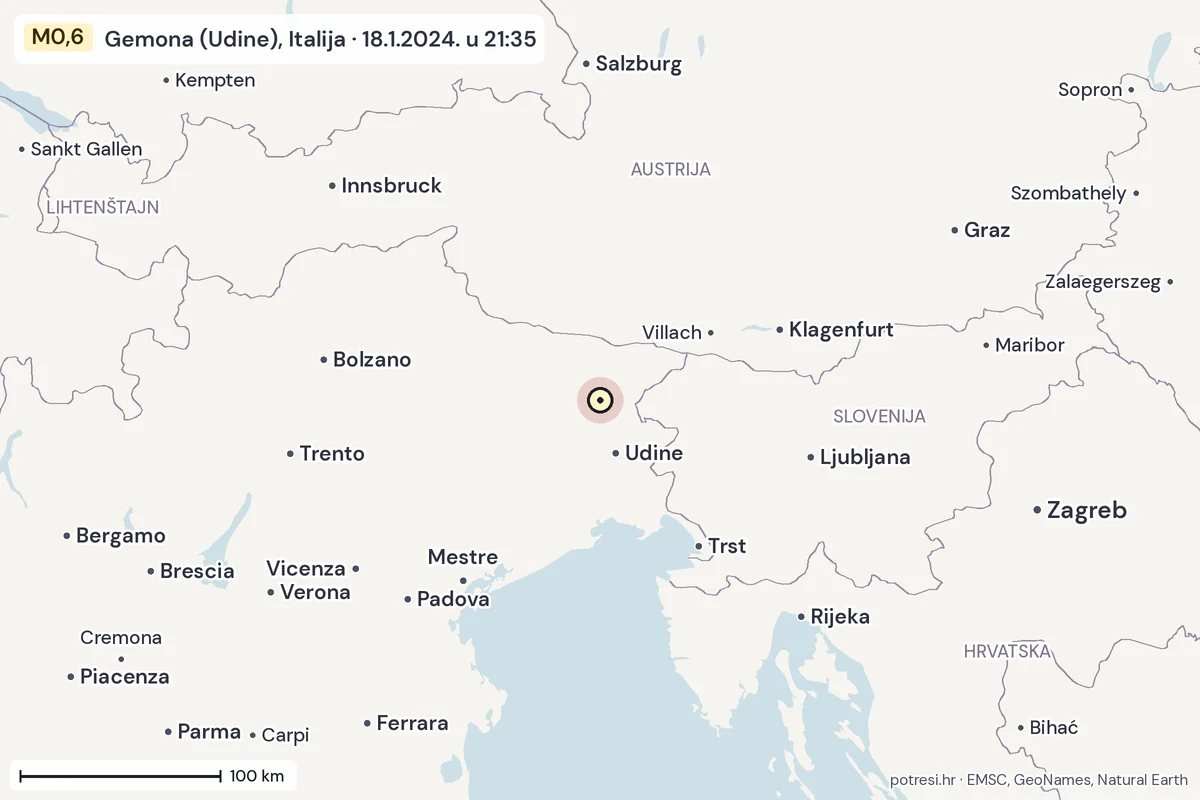 Karta: šire područje, 600 km, potres M0,6, Gemona (Udine), Italija, 18.1.2024.