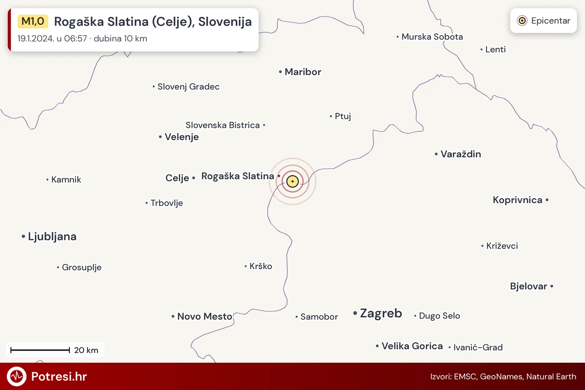 Karta: šire područje i vjerojatni doseg osjeta, potres M1,0, Rogaška Slatina (Celje), Slovenija, 19.1.2024.