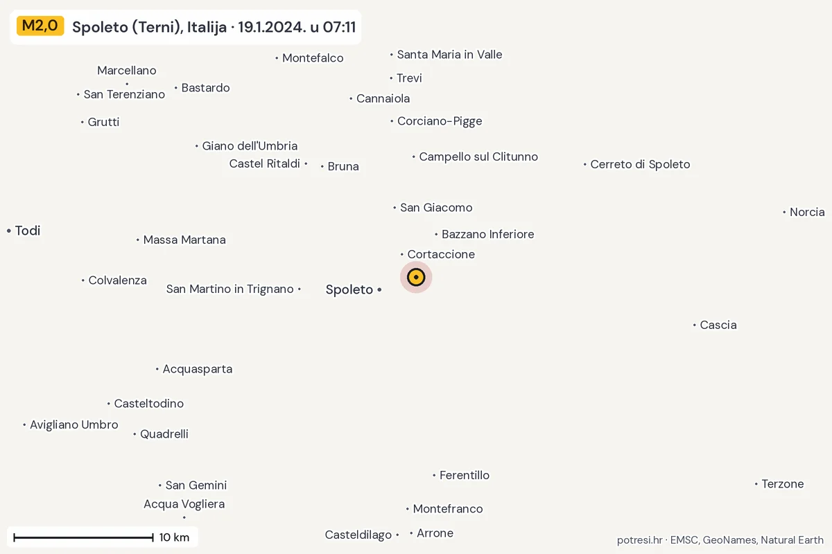 Karta: okolica epicentra, 60 km, potres M2,0, Spoleto (Terni), Italija, 19.1.2024.