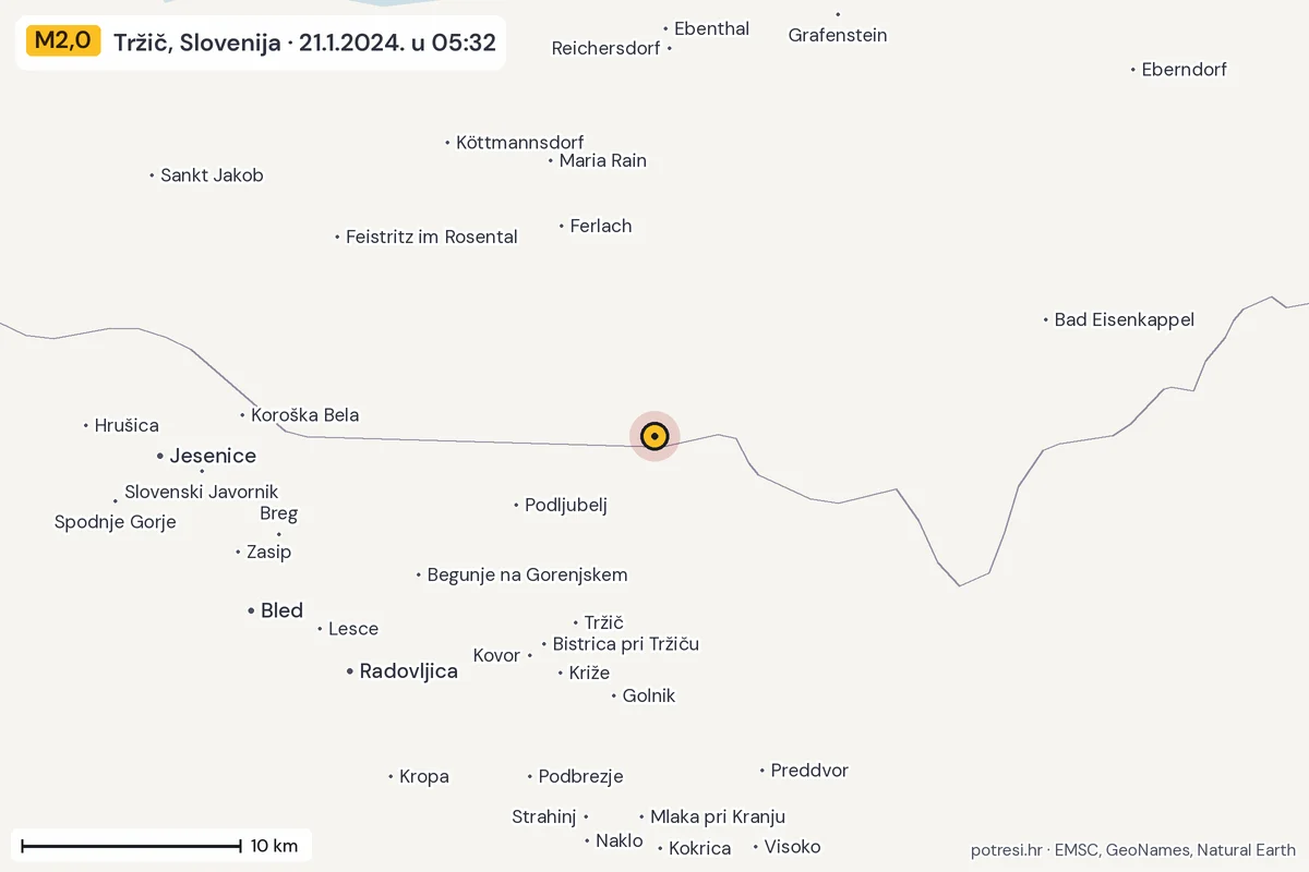 Karta: okolica epicentra, 60 km, potres M2,0, Tržič, Slovenija, 21.1.2024.