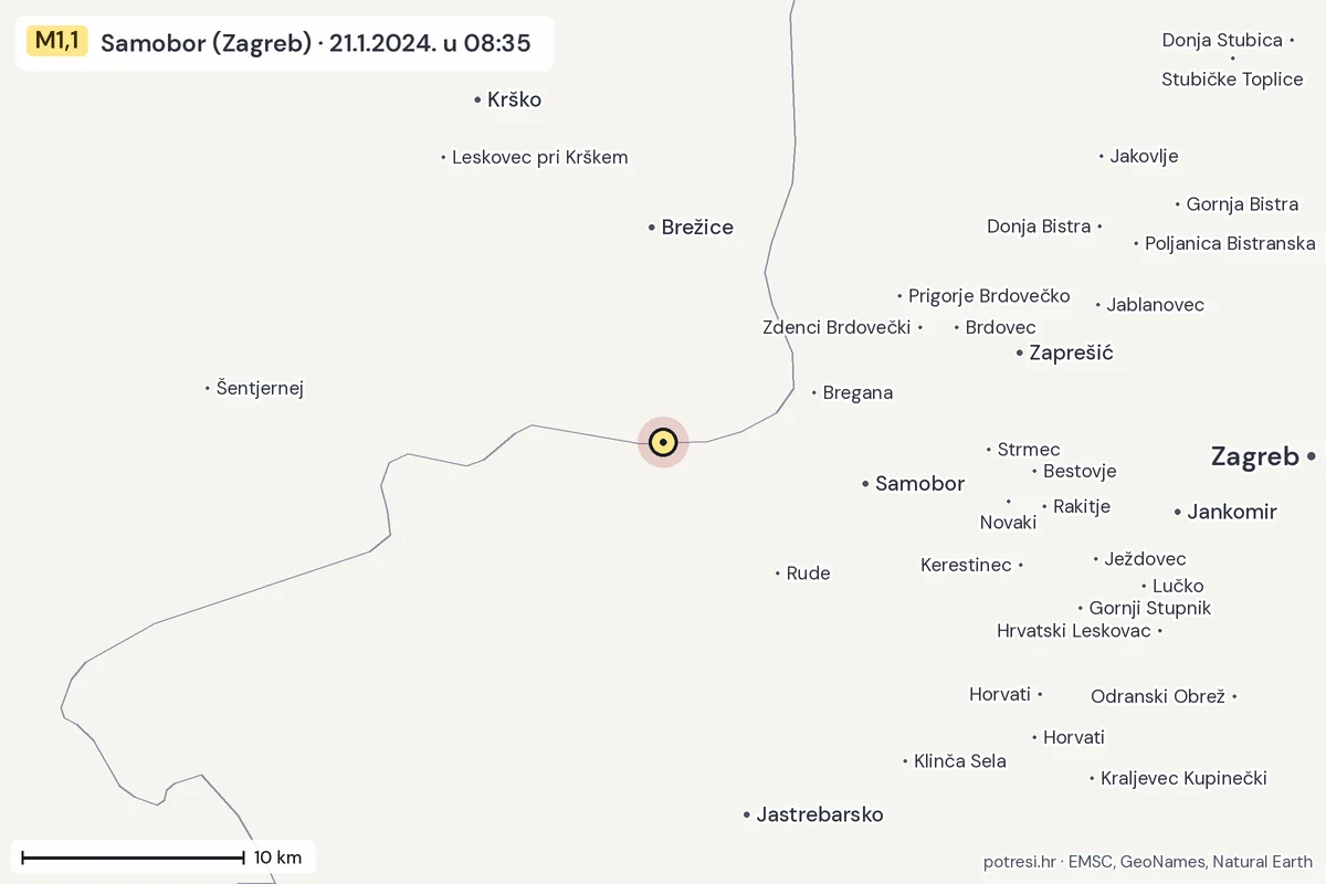 Karta: okolica epicentra, 60 km, potres M1,1, Samobor (Zagreb), 21.1.2024.
