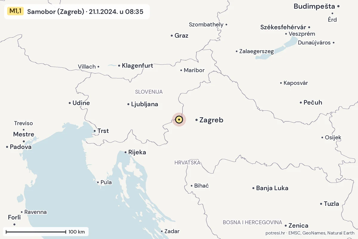 Karta: šire područje, 600 km, potres M1,1, Samobor (Zagreb), 21.1.2024.