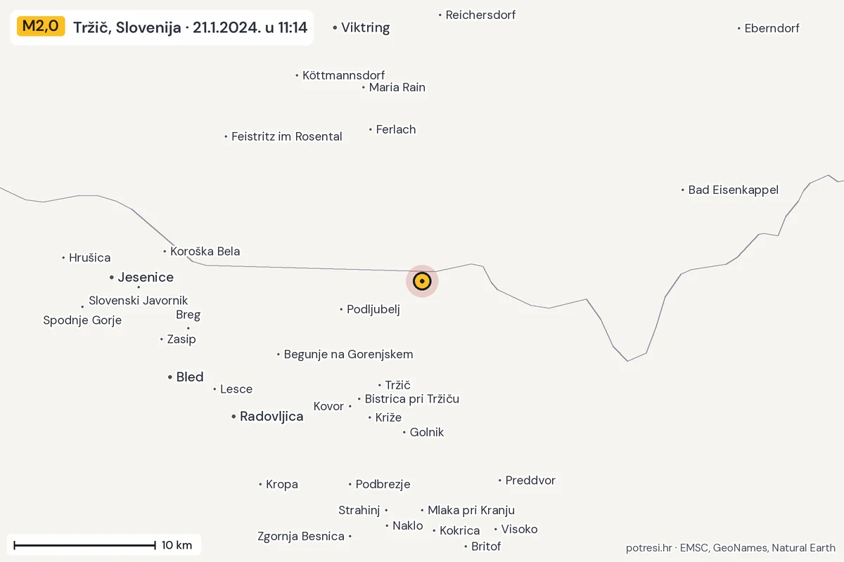 Karta: okolica epicentra, 60 km, potres M2,0, Tržič, Slovenija, 21.1.2024.