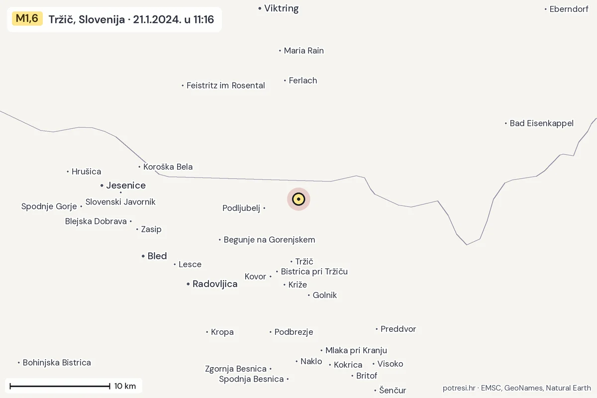 Karta: okolica epicentra, 60 km, potres M1,6, Tržič, Slovenija, 21.1.2024.