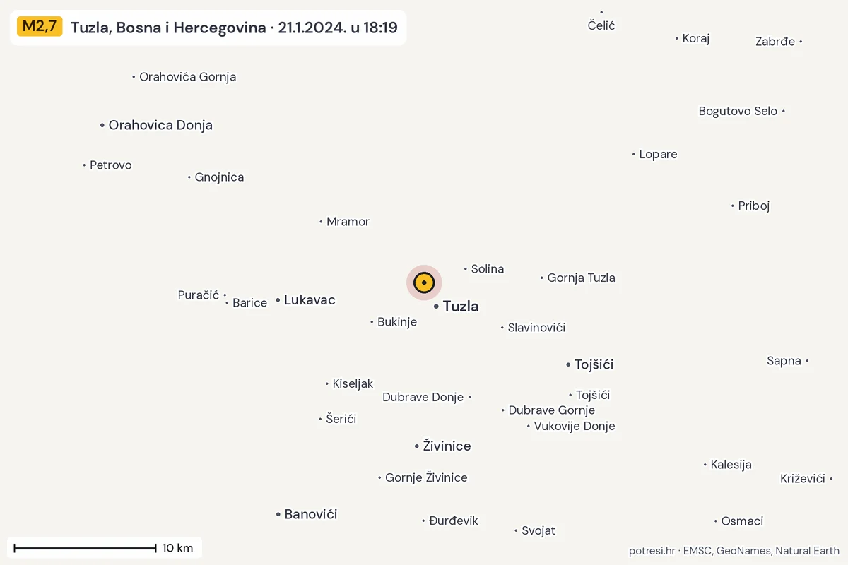 Karta: okolica epicentra, 60 km, potres M2,7, Tuzla, Bosna i Hercegovina, 21.1.2024.