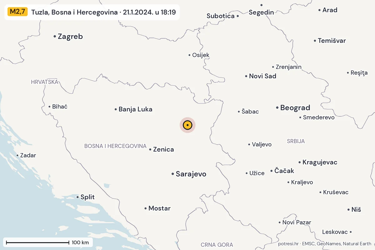 Karta: šire područje, 600 km, potres M2,7, Tuzla, Bosna i Hercegovina, 21.1.2024.