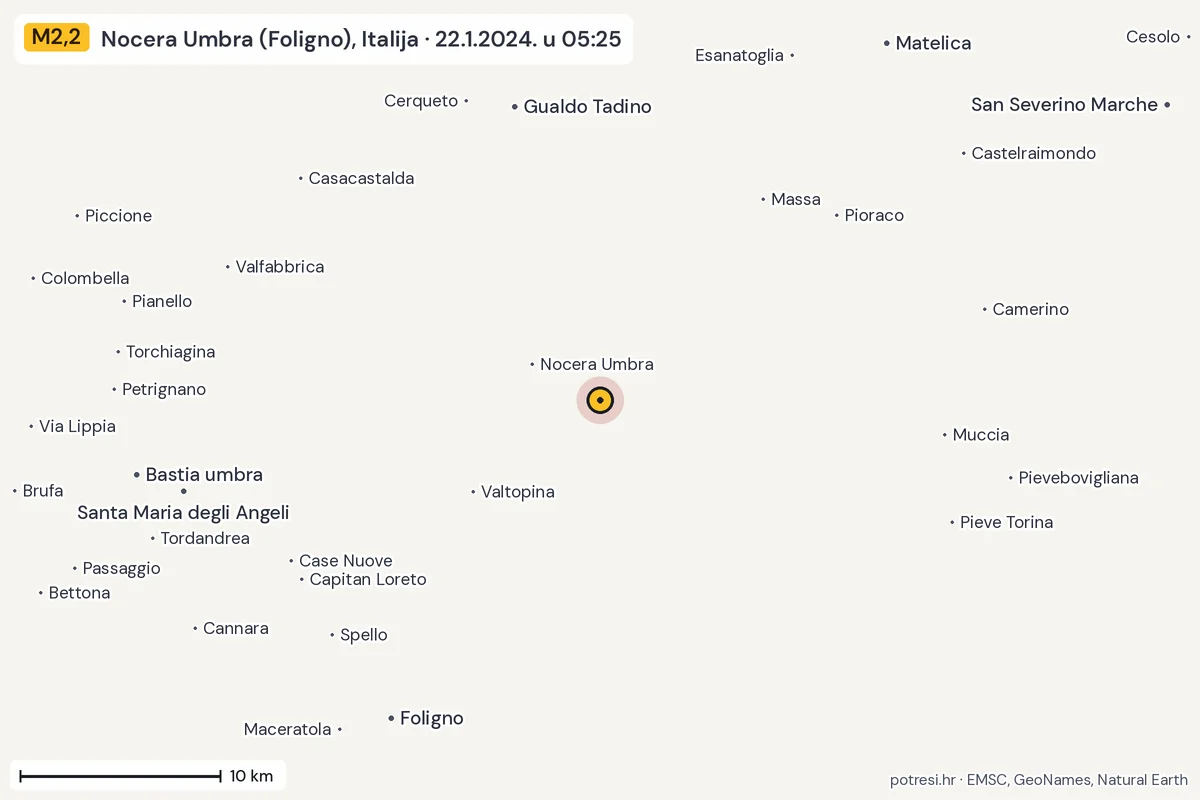 Karta: okolica epicentra, 60 km, potres M2,2, Nocera Umbra (Foligno), Italija, 22.1.2024.