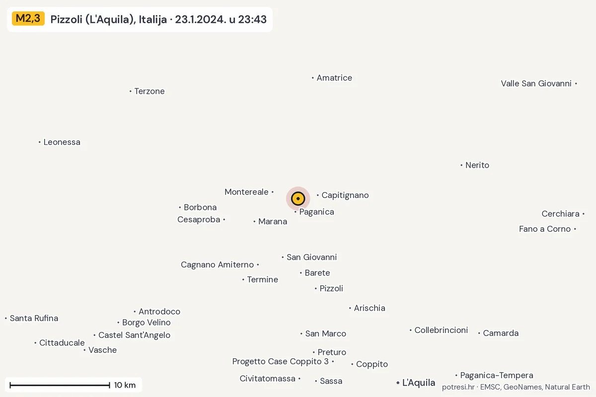 Karta: okolica epicentra, 60 km, potres M2,3, Pizzoli (L'Aquila), Italija, 23.1.2024.