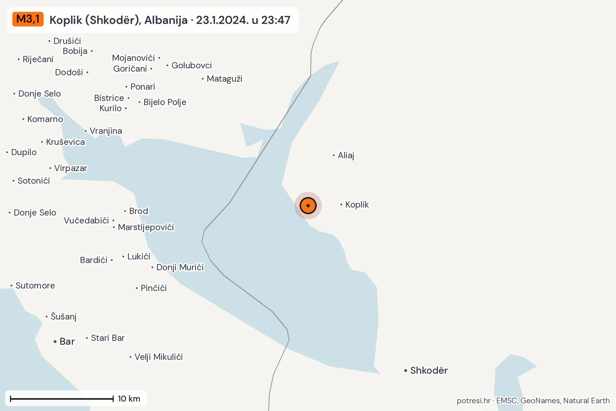 Karta: okolica epicentra, 60 km, potres M3,1, Koplik (Shkodër), Albanija, 23.1.2024.