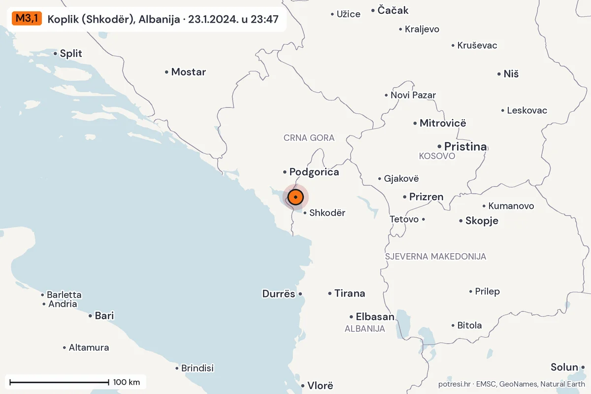 Karta: šire područje, 600 km, potres M3,1, Koplik (Shkodër), Albanija, 23.1.2024.