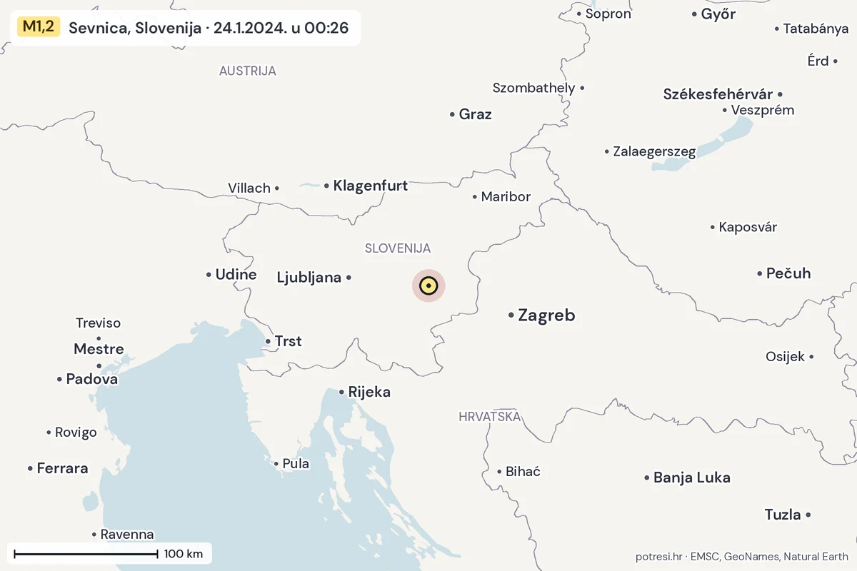 Karta: šire područje, 600 km, potres M1,2, Sevnica, Slovenija, 24.1.2024.