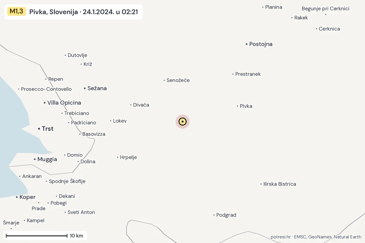 Karta: okolica epicentra, 60 km, potres M1,3, Pivka, Slovenija, 24.1.2024.