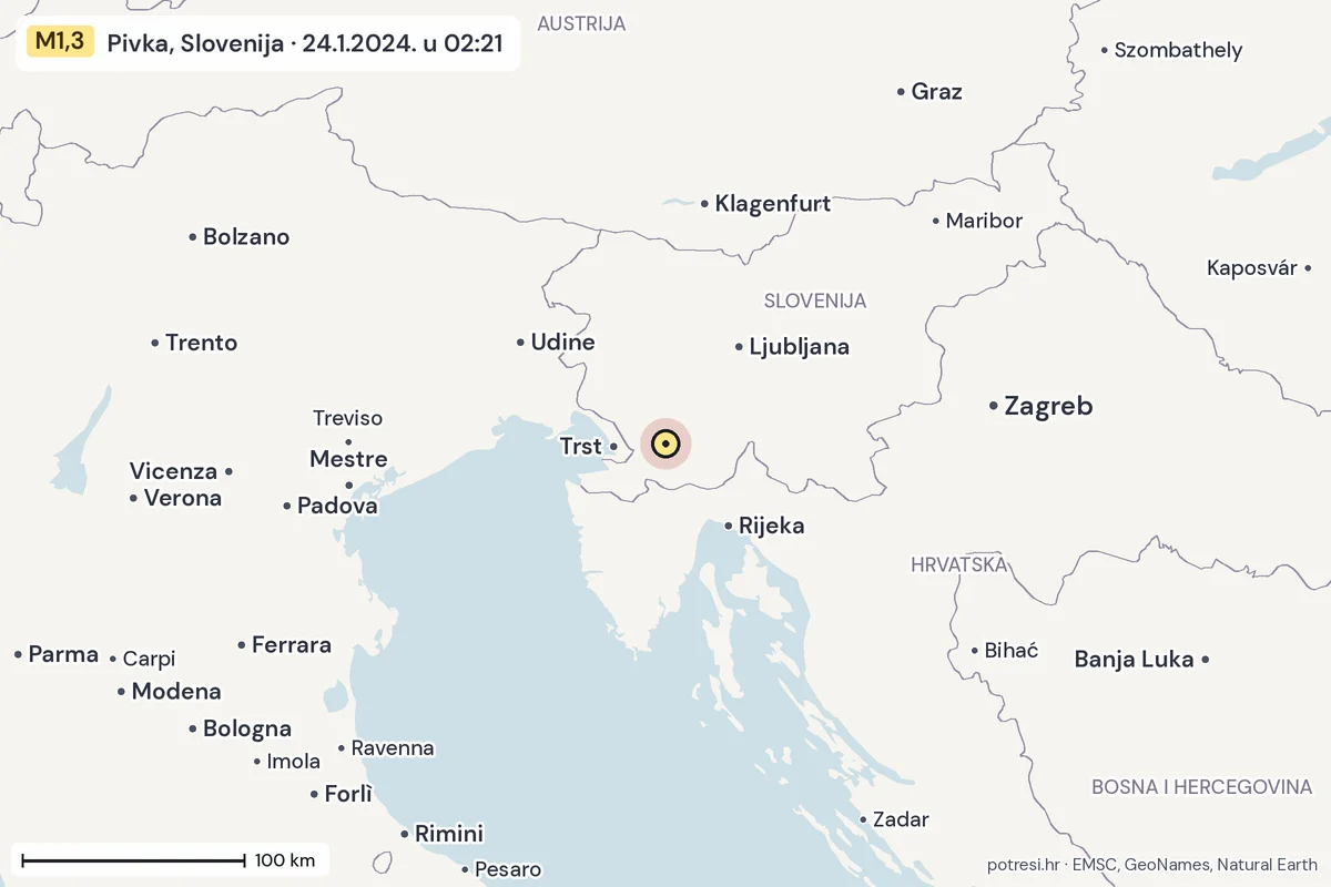 Karta: šire područje, 600 km, potres M1,3, Pivka, Slovenija, 24.1.2024.