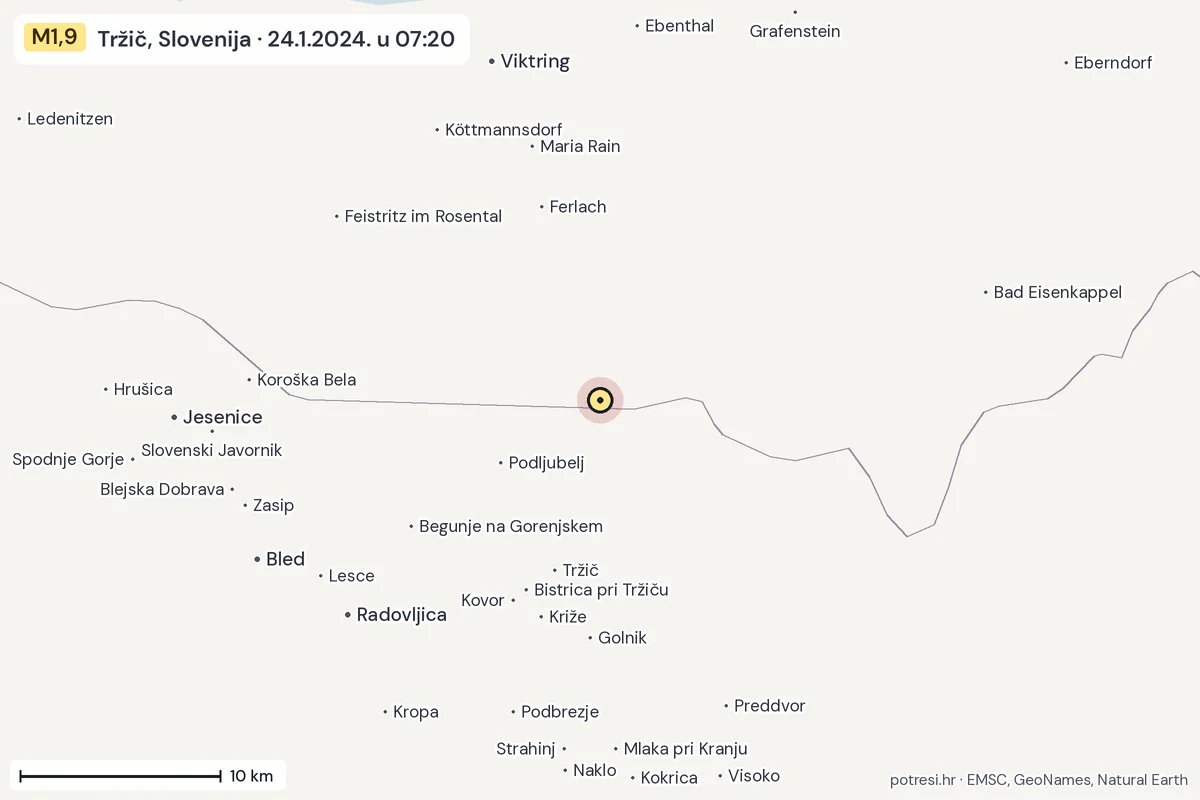 Karta: okolica epicentra, 60 km, potres M1,9, Tržič, Slovenija, 24.1.2024.