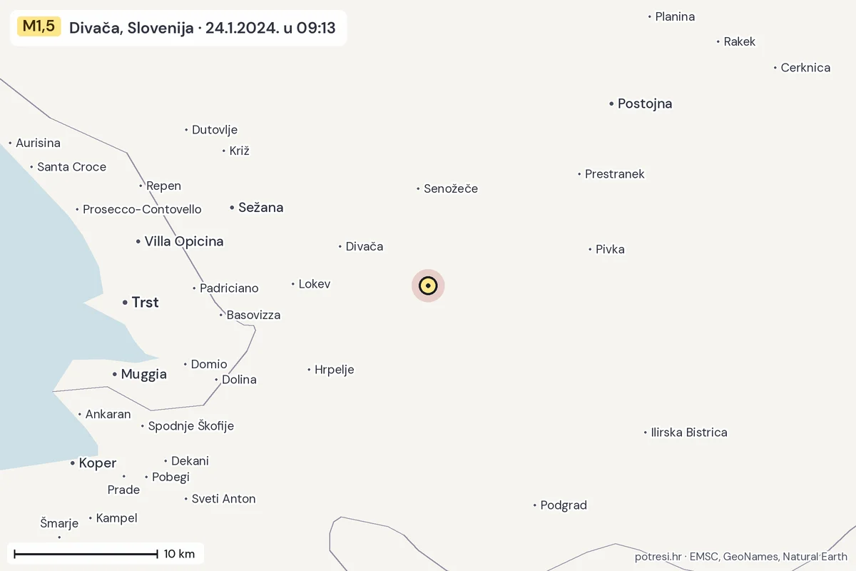 Karta: okolica epicentra, 60 km, potres M1,5, Divača, Slovenija, 24.1.2024.
