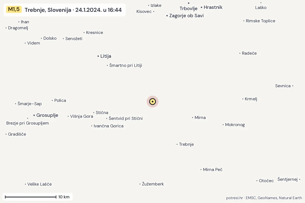 Karta: okolica epicentra, 60 km, potres M1,5, Trebnje, Slovenija, 24.1.2024.