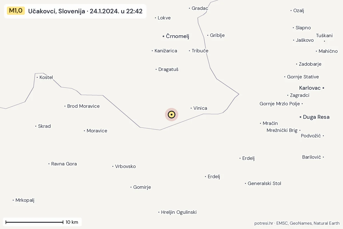 Karta: okolica epicentra, 60 km, potres M1,0, Učakovci, Slovenija, 24.1.2024.