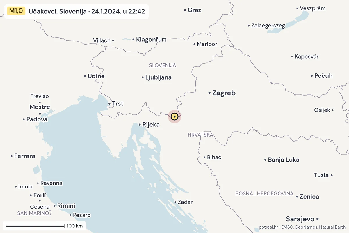 Karta: šire područje, 600 km, potres M1,0, Učakovci, Slovenija, 24.1.2024.